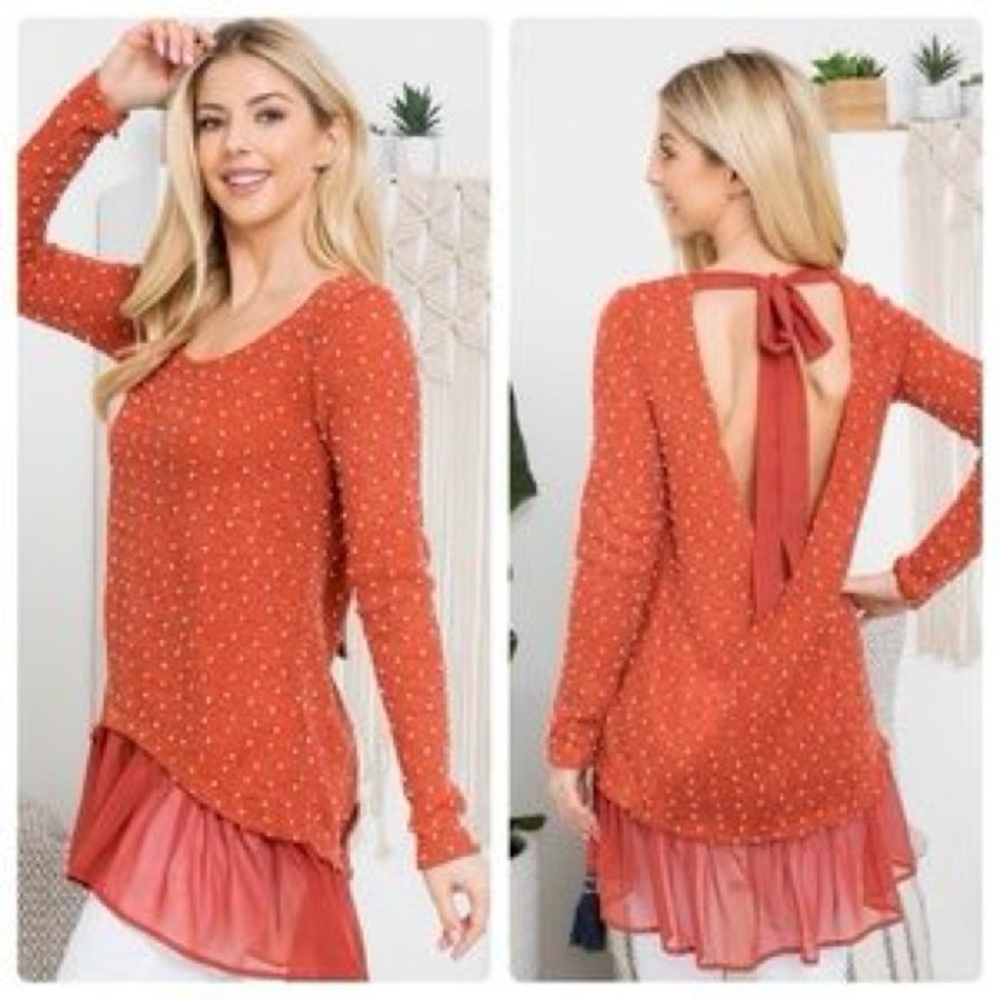 A'Reve Orange Asymmetrical Polka Dot Ruffle Open Back Tunic